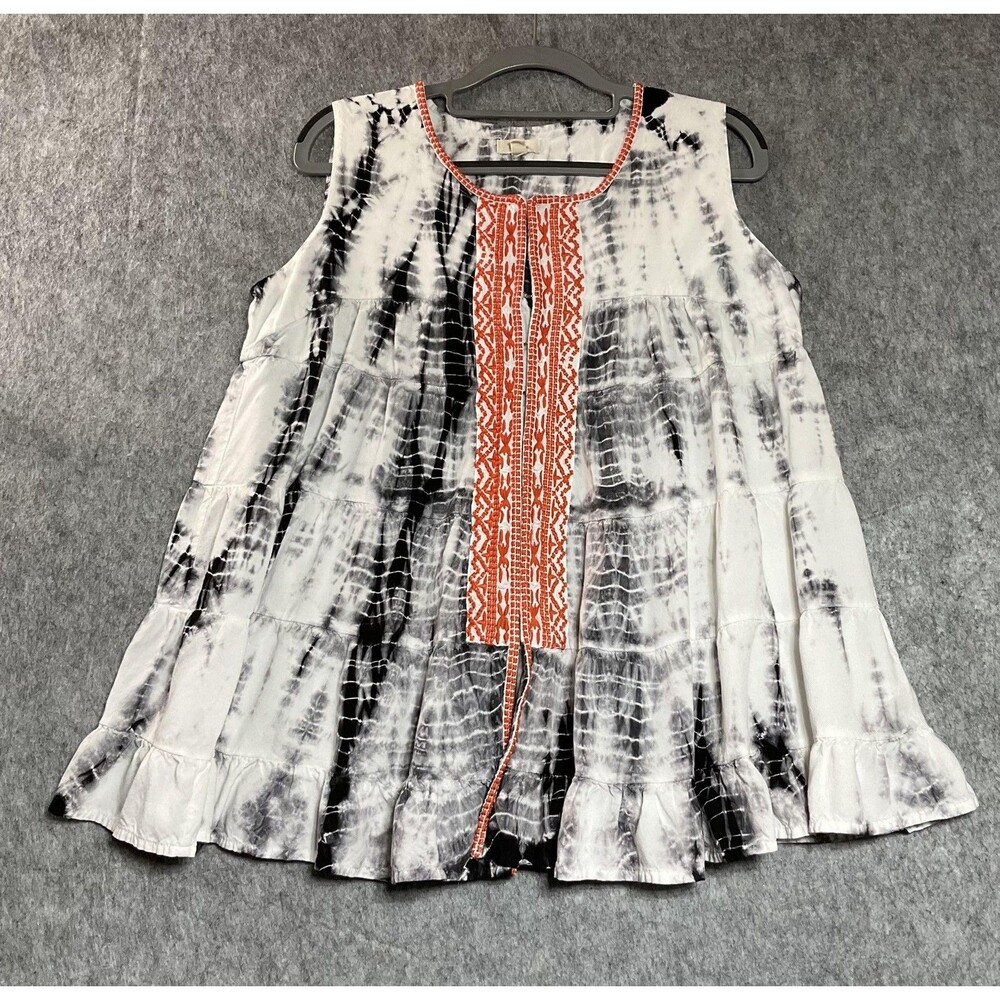 Kyla Seo Blouse Womens Medium Black White Tie Dye Embroidered Boho Tunic Top *